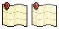 Pixel icon. Map with checkpoint mark. Navigation on paper map using GPS system. Simple retro game vector isolated on white