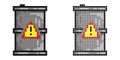 Pixel icon. Metal barrel with danger sign. Storage and disposal of hazardous substances. Simple retro game vector isolated on