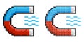 Pixel icon. Red blue magnet in shape of horseshoe with designation of poles of attraction. Simple retro game vector isolated on