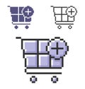 Pixel icon of shopping trolley with plus sign add to cart in three variants