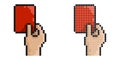 Pixel icon. Sports referee hand showing card for player breaking rules. Sports team game of soccer, football. Simple retro game