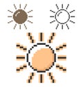 Pixel icon of sun sunny weather in three variants