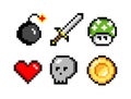 Pixel icons. colorful vector illustration, sword and cannonball, skull and coin, mushroom and heart, pixel collection