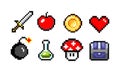 Pixel icons. inspired by old school games, sword and potion, skull and coin, mushroom and heart, pixel collection