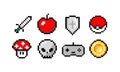 Pixel icons. inspired by old school games, sword and potion, skull and coin, mushroom and heart, pixel collection