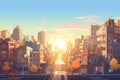 Pixel illustration of a beautiful sunny city with sun rays. Generative AI