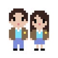 pixel image of a couple wearing twin school uniforms. Male and female pixel image.