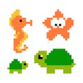 Pixel images of sea animals, turtles, seahorses, starfish. Pixel art vector illustration