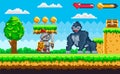 Pixel knight battling with huge monkey. Warrior holding shield and sword fighting against gorilla