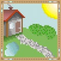 A pixel landscape,a pixel art for game.Poster design for print. Royalty Free Stock Photo