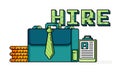 pixel line art of briefcase wearing tie and stack of coins with job application on the side. hiring workers for financial and