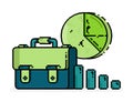 pixel line art illustration of briefcase under bar charts and pie charts, hiring for office and positions. Can be used for website