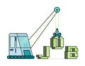 pixel line art illustration of crane lifting 3d world of JOB. job vacancies or hiring in building and construction industry. Can