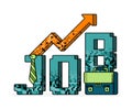 pixel line art illustration of 3d word of job with briefcase under, tie and rising arrow showing growth in career. metaphor of