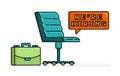 pixel line art of work chair and briefcase with bubble shout we\'re hiring. looking for applicants for specific position