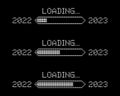 Pixel Loading Progress from 2022 to 2023 Year on Black Background. Set of Pixelated Progress Bar Showing Loading of 2023