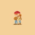 Pixel happy couple under red umbrella.8bit character.Autumn.
