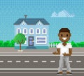 Pixel woman for old pixel-game layout stands against background of cityscape with road and building