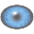 Pixel maping of elliptic eye with blue iris, light reflection in eye