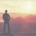 Pixel maping of man on peak above fire in valley. Hot hell. Royalty Free Stock Photo