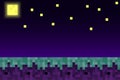 Pixel mine style night land craft background. Concept of game ground pixelated seamless horizontal landscape background with moon Royalty Free Stock Photo