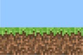 Pixel minecraft style land background. Concept of game ground pixelated horizontal seamless background with blue sky. Vector