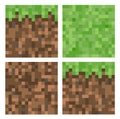 Pixel minecraft style land block background. Concept of game ground pixelated horizontal seamless background. Top, side, bottom