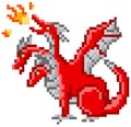 Pixel monster character red three-headed dragon. Pixelated dinosaur breathes fire isolated on white