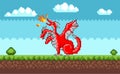 Pixel monster character red three-headed dragon. Pixelated dinosaur with wings breathes fire Royalty Free Stock Photo