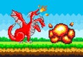 Pixel monster character red three-headed dragon. Pixelated dinosaur with wings breathes fire