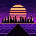 Pixel neon highway with city and sun background Royalty Free Stock Photo
