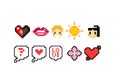 Pixel objects and people for game icons set on a white background
