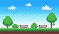 Pixel park. Retro 8 bit game blue sky, pixels trees and parks bench vector illustration Royalty Free Stock Photo