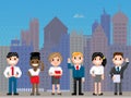 Pixel people for old game layout stand against background of cityscape with skyscraper silhouettes