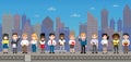 Pixel people for old game layout stand against background of cityscape with skyscraper silhouettes