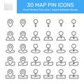 Pixel perfect black thin line icon set of a map pin location. Editable stroke vector 64x64. Collection of map pointer icons. Pack Royalty Free Stock Photo