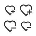 Pixel-perfect linear heart icons with plus and minus signs add to and remove from favorites