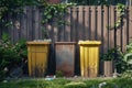 Three Dirty Trash Cans in a Backyard Royalty Free Stock Photo