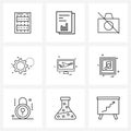 Pixel Perfect Set of 9 Vector Line Icons such as aero plane, gear, camera, setting, gear