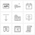 Pixel Perfect Set of 9 Vector Line Icons such as house, building, date, download, arrow