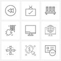 Pixel Perfect Set of 9 Vector Line Icons such as iMac, hand, tick, touch, books Royalty Free Stock Photo