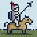 Pixel picture of a knight in iron armor on a horse and with a spear.