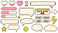 Pixels elements for game vector set. Pixel dialogue boxes, hearts, chat speech bubbles, flash message frames