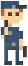 Pixel police man with pistol. Officer stands in blue uniform. Pixel game character with weapons