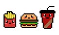 Pixel potato, burger and drink set image. junk food pixel art
