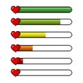 Pixel red hearts and a health scale color indicator isolated on white background. Pixel game 8 bit health heart life bar