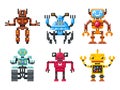 Pixel robots icons. 8 bit bots vector isolated set Royalty Free Stock Photo