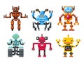 Pixel robots icons. 8 bit bots vector set