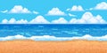 Pixel sea landscape. 8-bit sun beach with wave, cloud and sand. Game summer ocean panorama. Cloudy blue sky with horizon Royalty Free Stock Photo