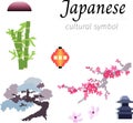 Pixel set of japanese national characters. Fuji vector design elements, bamboo, bonsai, sakura flowers, japanese lantern